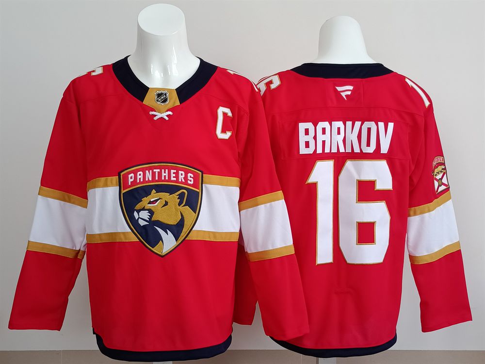 Men 2025 Florida Panthers 16 Barkov Red Fanatics Home Premium NHL Jersey style 1